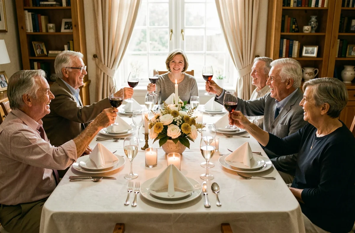 Groupe d'adultes portant un toast autour d'une table de dîner lors d'un anniversaire 70 ans organisé à la maison