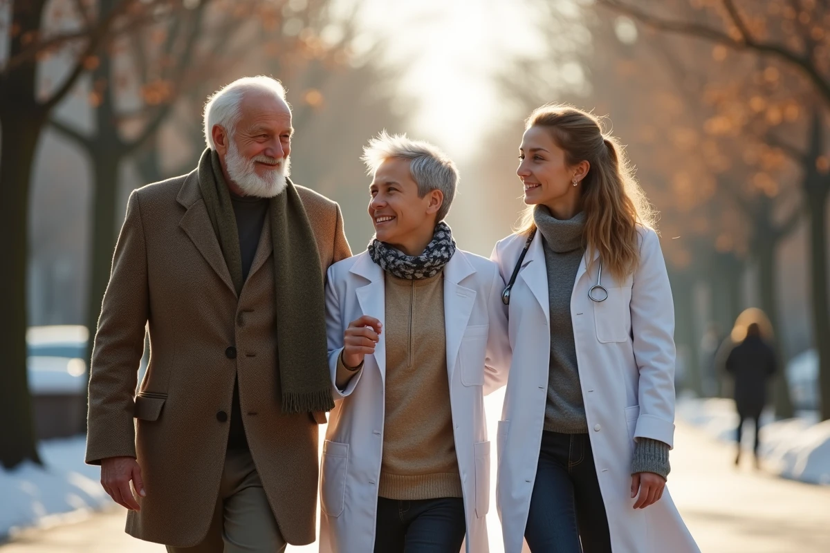 Groupe intergénérationnel dans un parc urbain en hiver