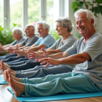 Groupe de seniors faisant du gym doux en intérieur