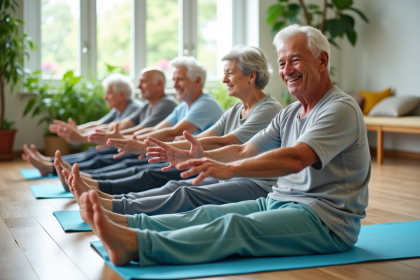 Groupe de seniors faisant du gym doux en intérieur