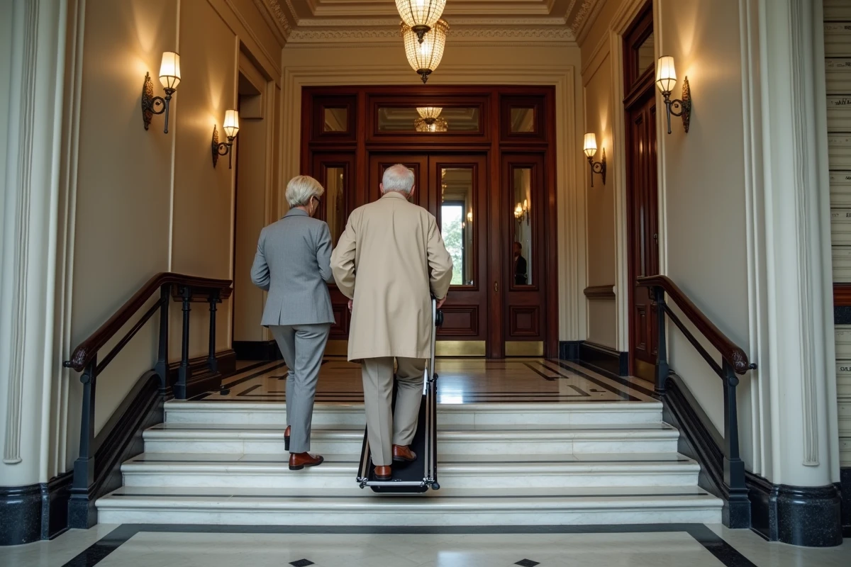 Hall d'entrée d'une copropriété ancienne avec rail d'élévateur PMR incliné installé le long des marches en marbre, personnes âgées utilisant le monte-escalier