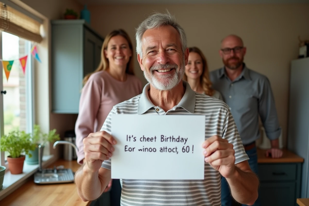 Homme de 60 ans tenant une grande carte d'anniversaire humoristique dans une cuisine entouré de rires en famille