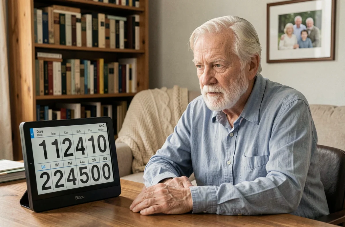 Un homme âgé assis à son bureau consulte un calendrier électronique senior à grand écran affichant le jour et la date