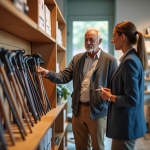 Homme âgé testant une canne ergonomique dans un magasin