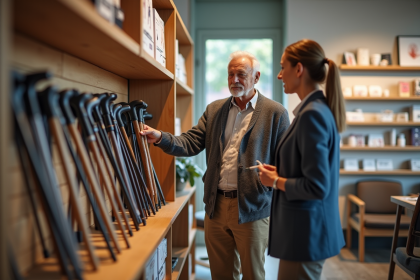 Homme âgé testant une canne ergonomique dans un magasin