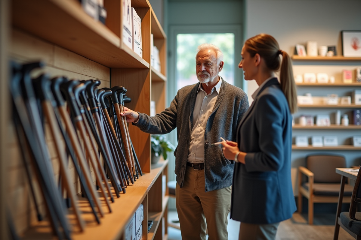 Homme âgé testant une canne ergonomique dans un magasin