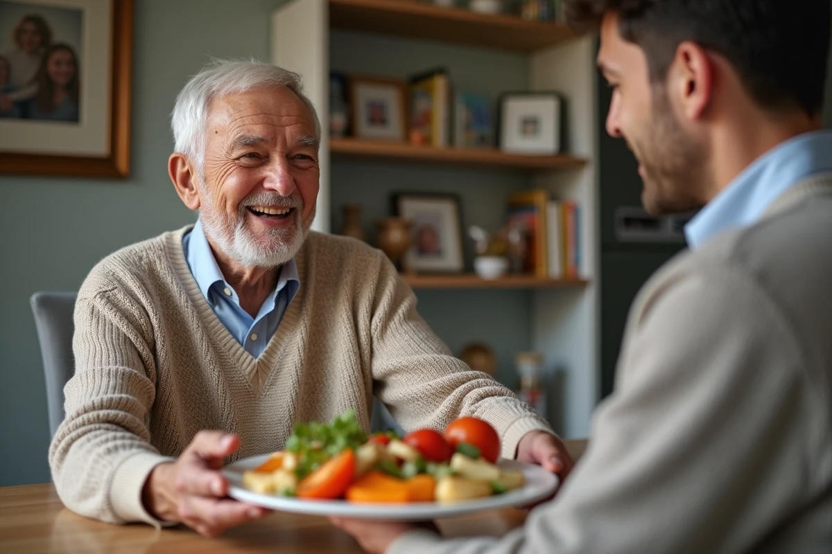 Homme age souriant recevant un repas dans un salon convivial