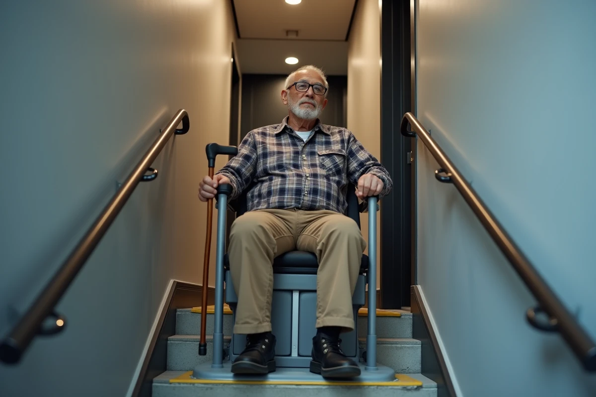 Homme âgé assis sur un ascenseur de monte-escalier portable dans un couloir d'immeuble moderne