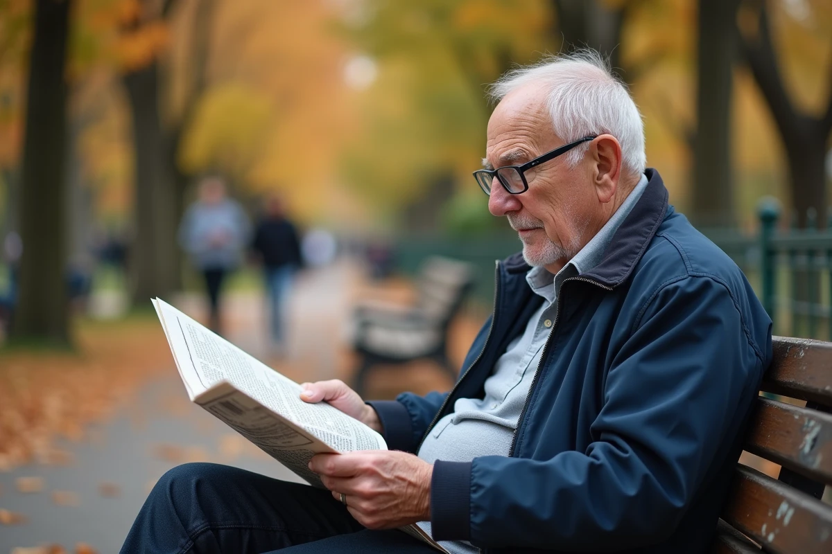 Homme âgé lisant un journal sur un banc de parc en automne, représentant le vieillissement actif et la vie quotidienne des seniors