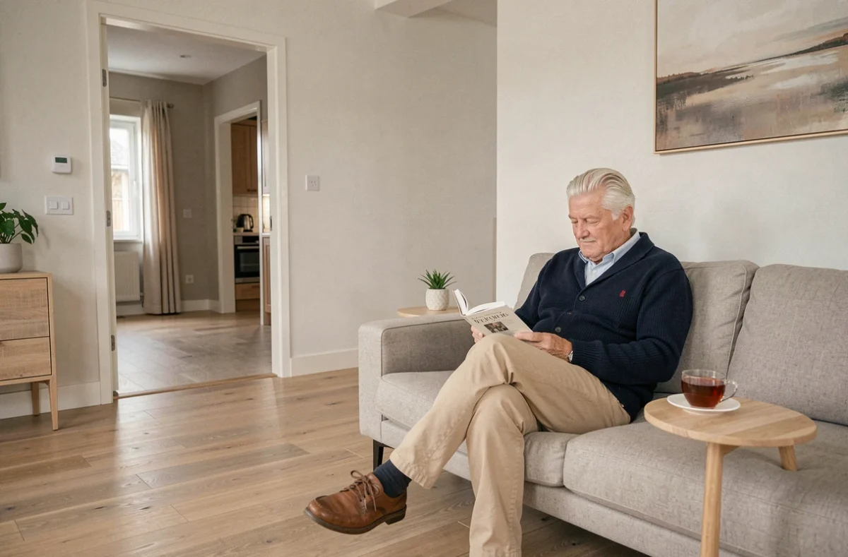Homme âgé serein lisant dans un salon rénové accessible, avec parquet clair et portes élargies sans seuil