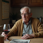 Homme âgé contemplant une photo de famille dans sa cuisine