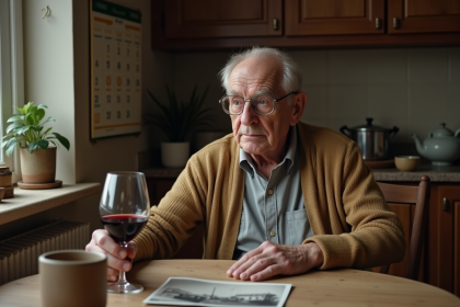 Homme âgé contemplant une photo de famille dans sa cuisine