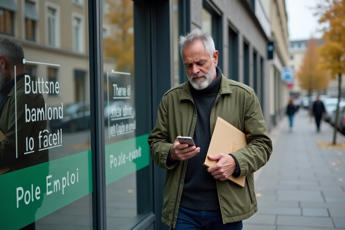 Homme devant une agence pour l'emploi tenant des documents liés à sa demande d'allocation chômage et à sa retraite