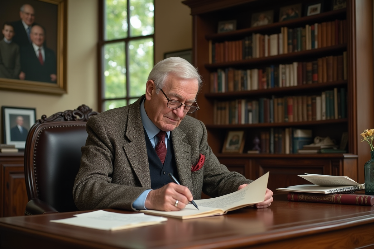 Homme âgé lisant une lettre dans un bureau rustique