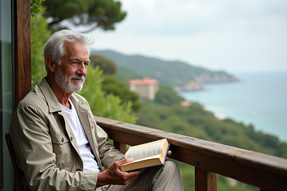 Homme âgé contemplant la mer depuis un balcon