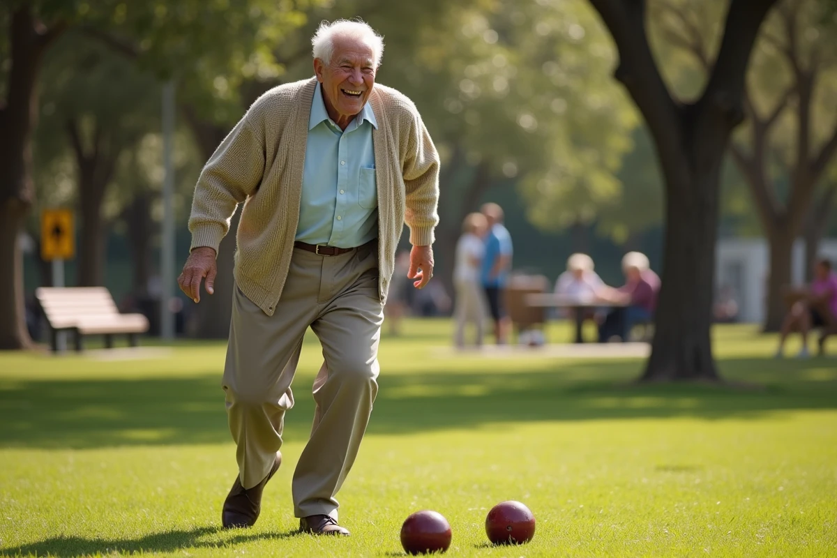 Homme centenaire jouant au bocce dans un parc en plein air