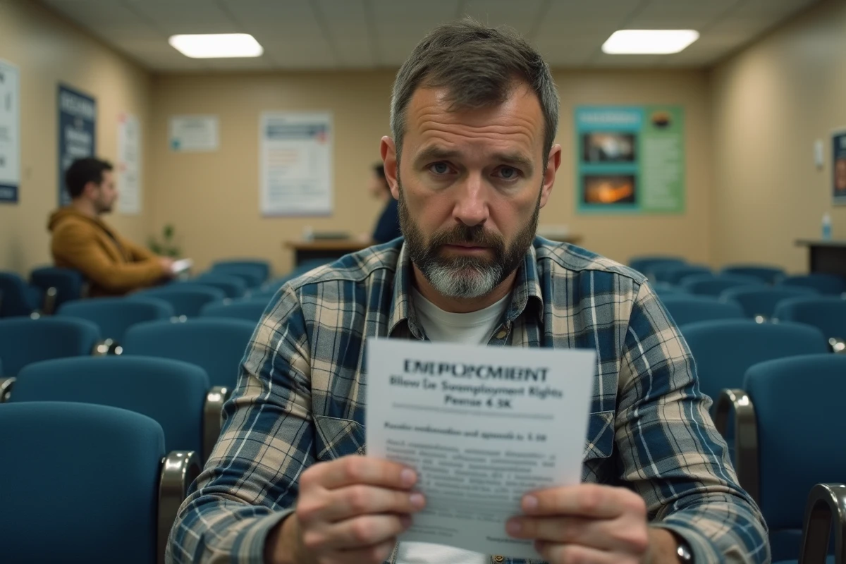 Homme en situation de chômage dans une agence pour l'emploi tenant des documents sur ses droits à la retraite