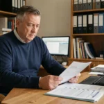 Homme d'une cinquantaine d'années consultant des documents administratifs sur son bureau concernant son taux d'incapacité