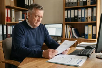 Homme d'une cinquantaine d'années consultant des documents administratifs sur son bureau concernant son taux d'incapacité