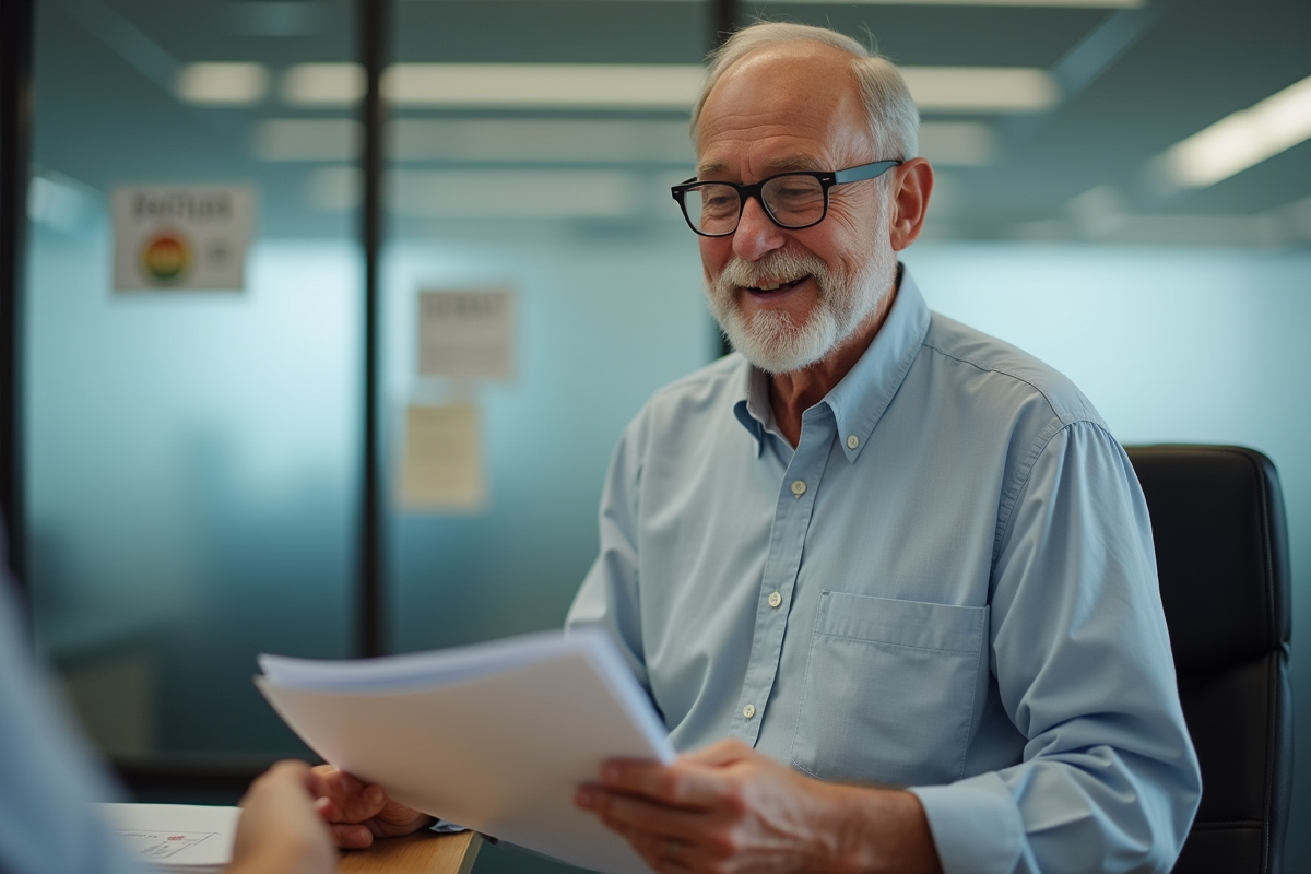 Homme âgé remettant un dossier à un guichet administratif