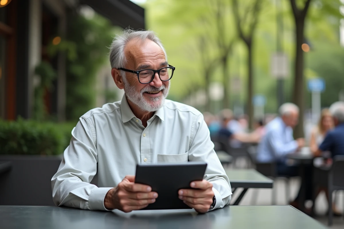 Homme âgé souriant avec une tablette dans un café en plein air