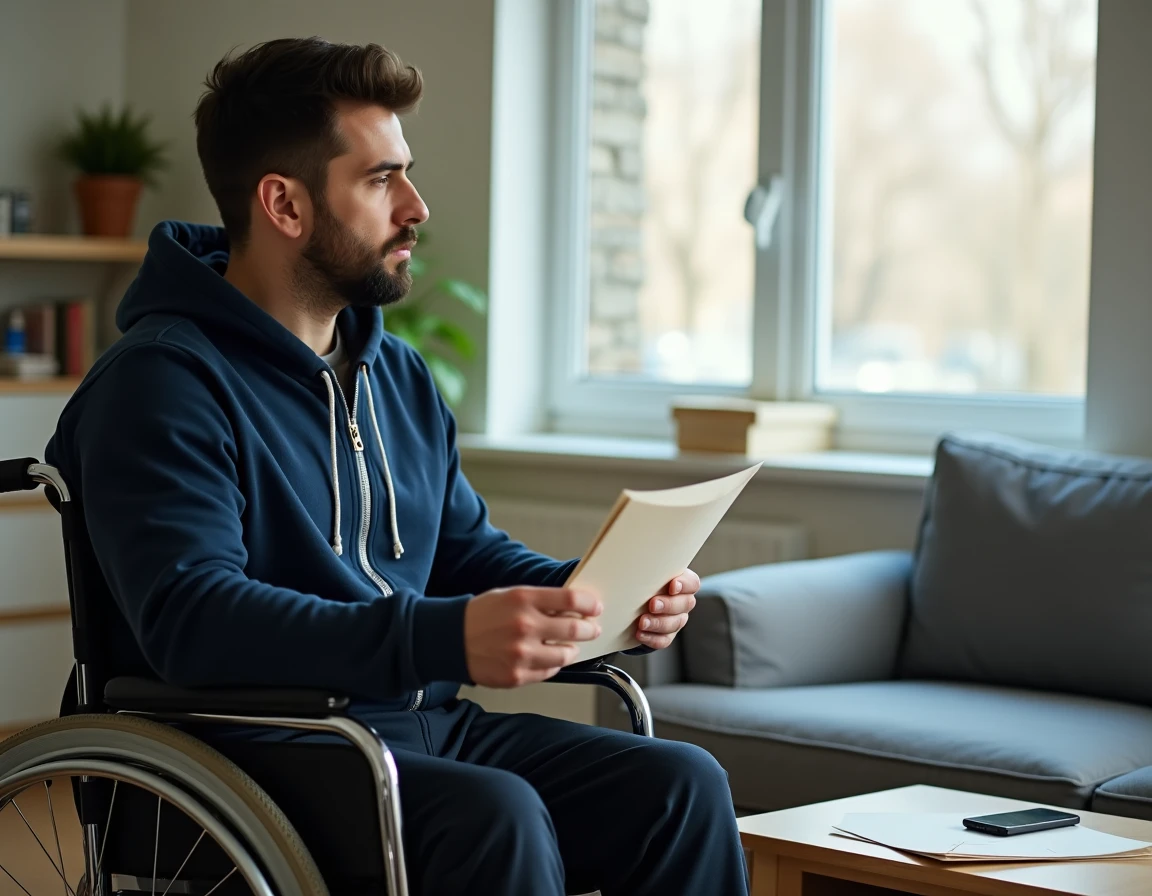 Homme en fauteuil roulant lisant un courrier administratif concernant ses allocations handicap