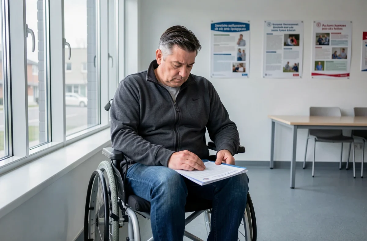 Homme en fauteuil roulant lisant un document officiel dans un centre d'accompagnement au handicap
