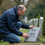 Homme appliquant de la colle sur une plaque funéraire en granite