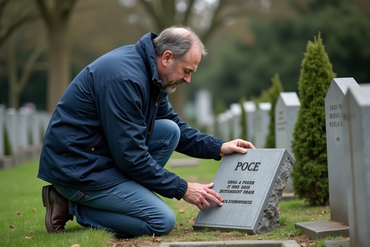 Homme appliquant de la colle sur une plaque funéraire en granite