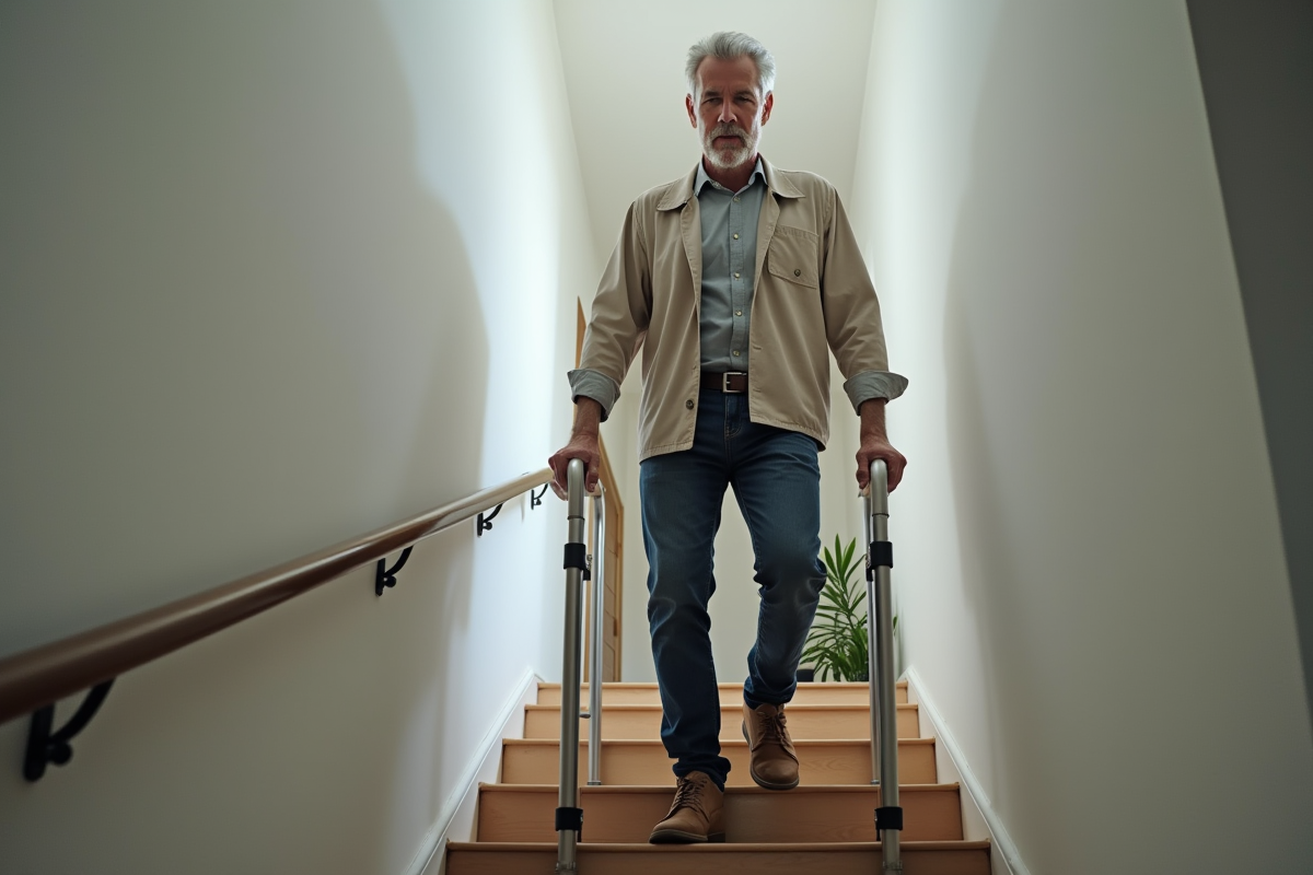 Homme moyen age montant un escalier avec une aide a la marche