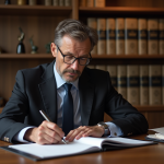Homme belge en costume sombre examinant des documents officiels