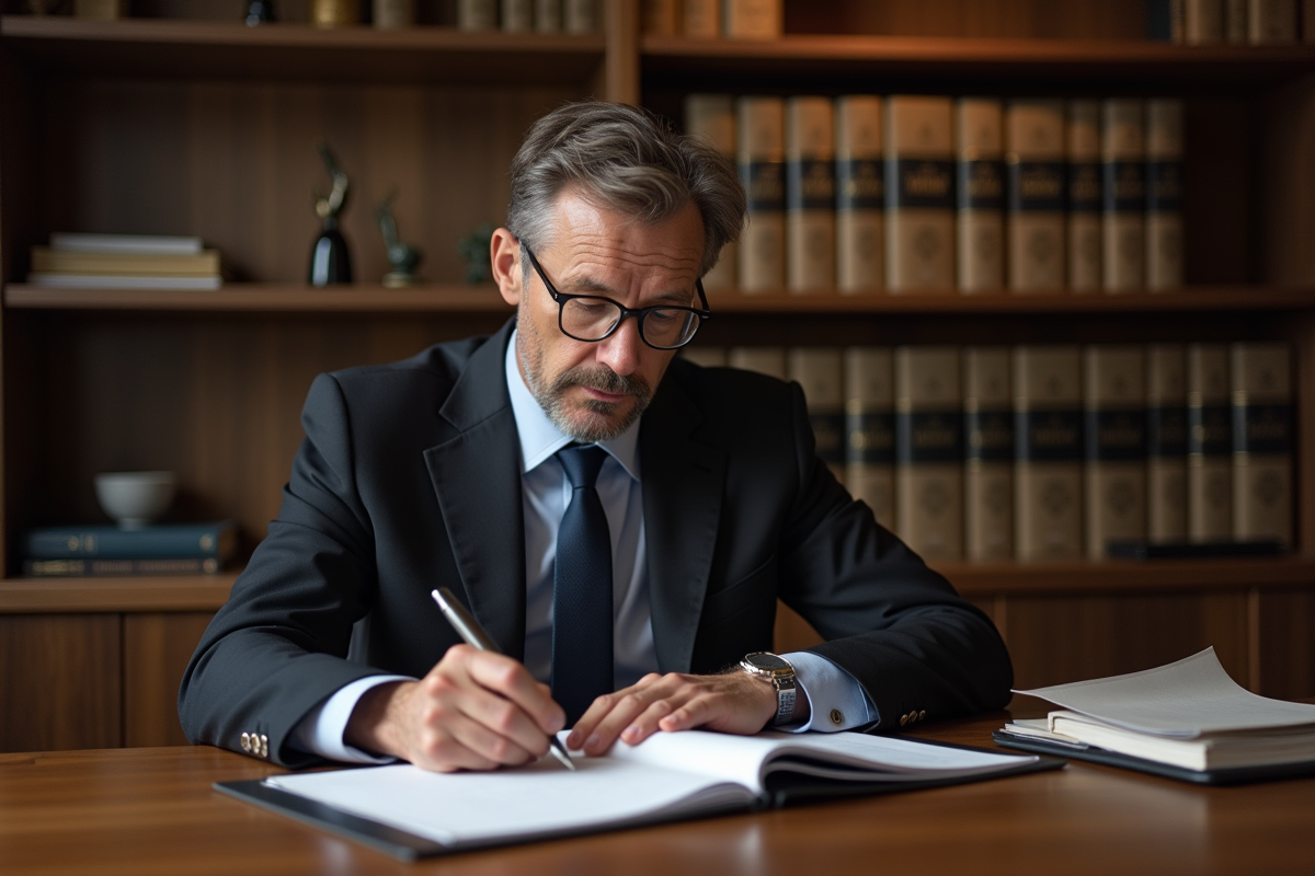 Homme belge en costume sombre examinant des documents officiels