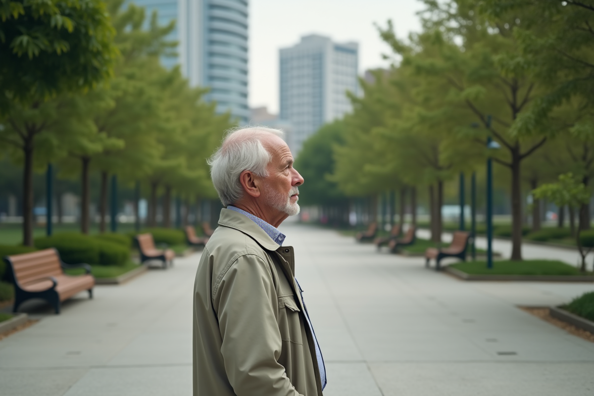 Homme mature contemplant un parc urbain en plein air