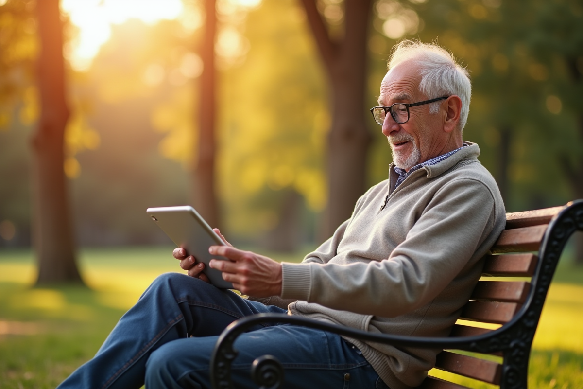 Homme âgé dehors avec tablette pour plan retraite