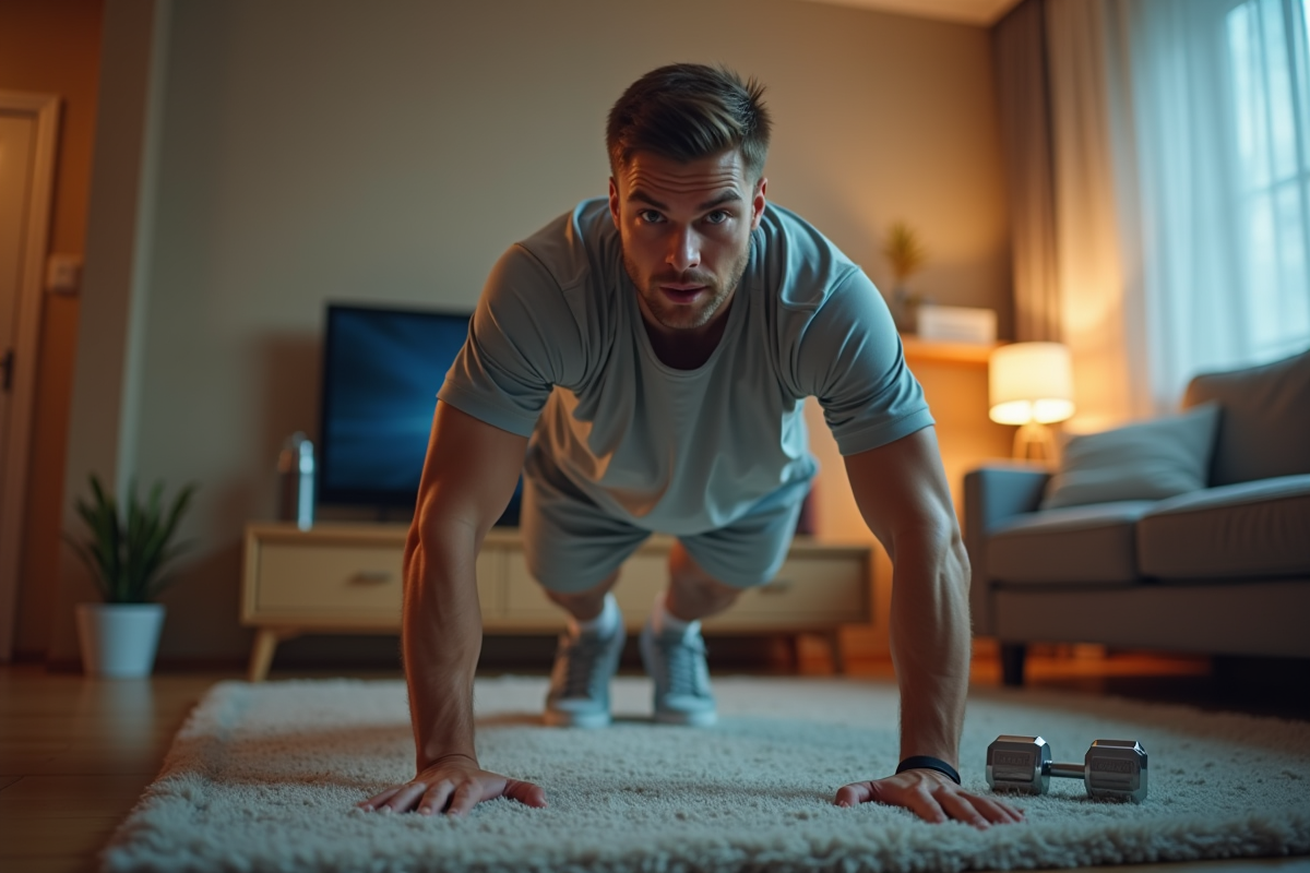 Jeune homme faisant des pompes dans son salon en soirée