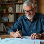 Homme de 58 ans consultant ses relevés de retraite Agirc-Arrco à son bureau à domicile, préparant l'optimisation de ses points avant 2026