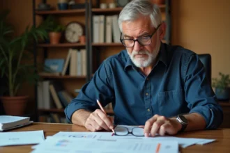 Homme de 58 ans consultant ses relevés de retraite Agirc-Arrco à son bureau à domicile, préparant l'optimisation de ses points avant 2026
