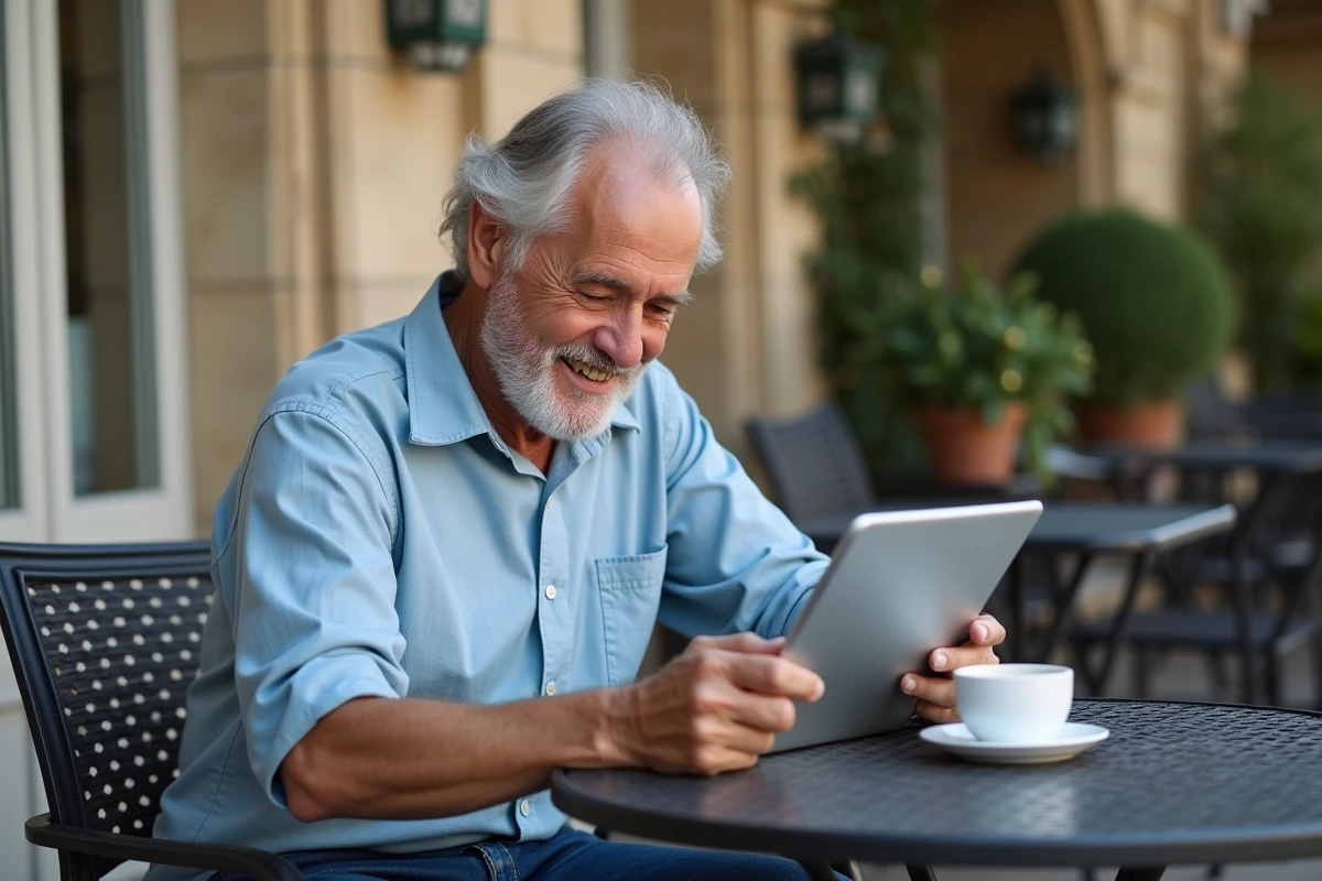 Homme retraité français souriant utilisant une tablette en terrasse de café