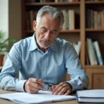 Homme d'une cinquantaine d'années consultant des documents administratifs pour sa retraite à son bureau à domicile