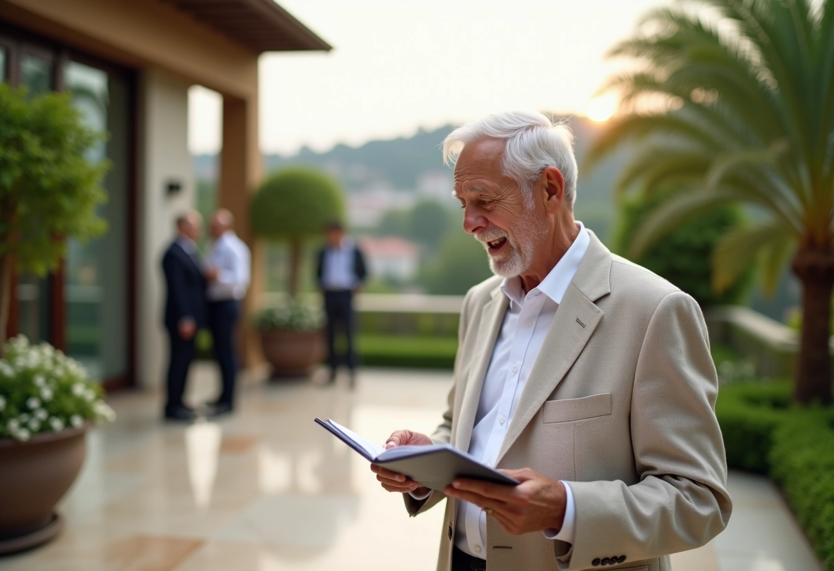 Homme âgé lisant un discours en extérieur dans un jardin