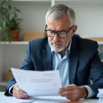 Homme d'âge moyen examinant des documents de pension dans un bureau