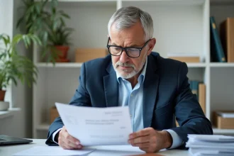 Homme d'âge moyen examinant des documents de pension dans un bureau