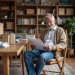 Homme retraité en jeans et cardigan examine des papiers dans son salon