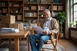 Homme retraité en jeans et cardigan examine des papiers dans son salon
