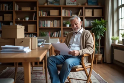 Homme retraité en jeans et cardigan examine des papiers dans son salon