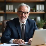 Homme d'affaires en costume met à jour son CV sur un ordinateur