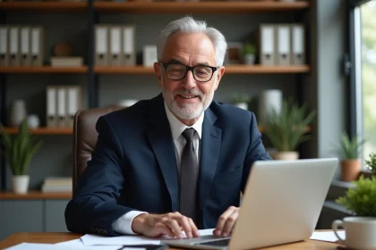 Homme d'affaires en costume met à jour son CV sur un ordinateur