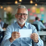 Homme d'âge moyen souriant avec carte d'adieu au bureau