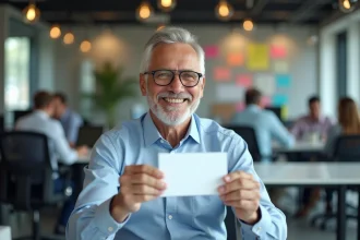 Homme d'âge moyen souriant avec carte d'adieu au bureau