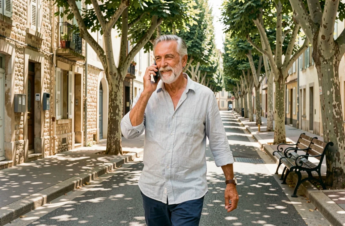 Homme senior actif se promenant en ville à Nîmes tout en gérant son quotidien de façon autonome